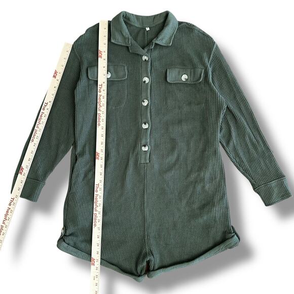 Olive Green‎ Waffle Knit Button-Up Romper Size L Long Sleeve Collared Lounge - Picture 3 of 10
